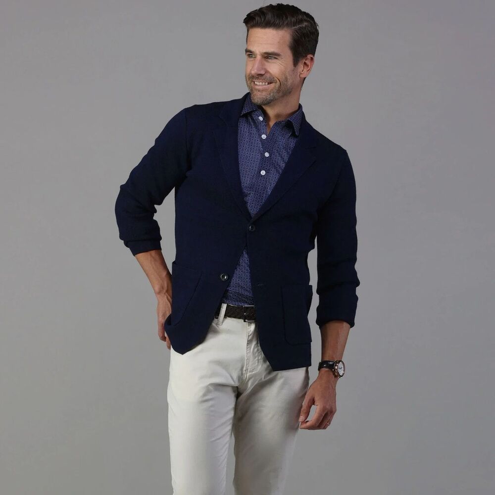 Collars & Co Sweater Blazer Mens Small Navy Blue Merino Wool Cardigan Milano NWT